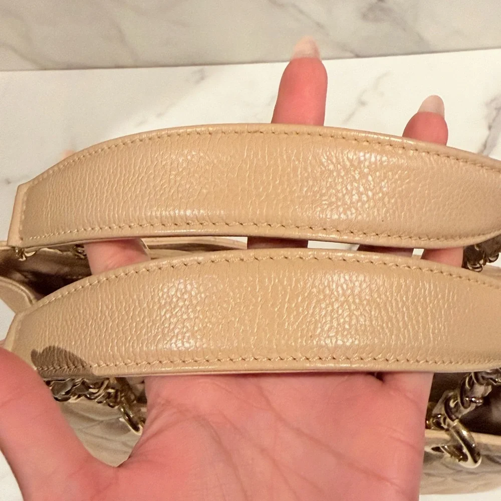Authentic CHANEL Quilted Caviar GST large Tote in Beige with Gold Hardwar